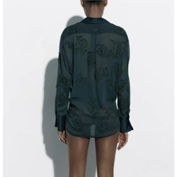 Zara Womens Top Sheer Blouse M Medium Green Embellished beaded 4786/089 NWT - Picture 2 of 14